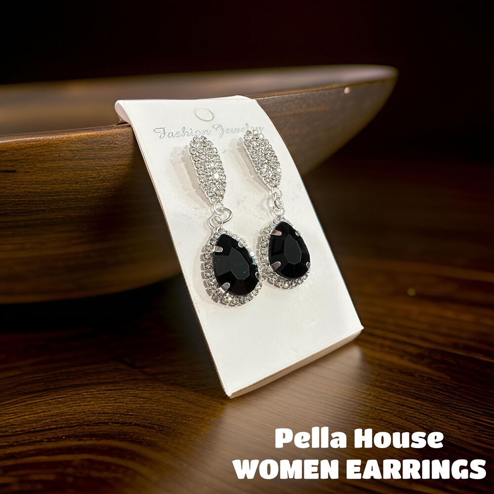 Silver Tone Gatsby Flapper Peacock Zircon Rhinestone Pear Earrings BLACK